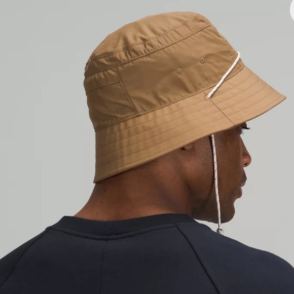 LULULEMON OLIVE ARMY GREEN Patch Logo Bucket Hat Chin Strap Cord Unisex M / L - Picture 7 of 8